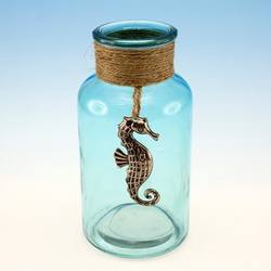 Item 294684 Medium Lighted Turquoise Rope Wrapped Bottle With Seahorse Sit Around