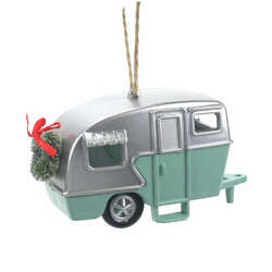 Item 302419 Silver and Green Camper With Wreath Ornament