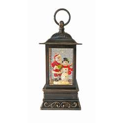 Item 322135 Black & Bronze Lighted Santa and Snowman Water Lantern