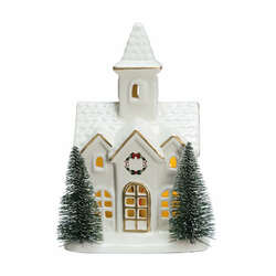 Item 322588 Lighted Ivory And Gold Village Ceramic Church