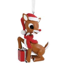 Item 333354 Rudolph With Gift in Santa Hat Ornament