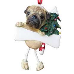 Item 407029 Fawn Pug With Santa Hat/Christmas Tree/Bone Dangle Ornament