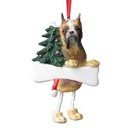 Item 407045 Cropped Fawn Boxer With Santa Hat/Christmas Tree/Bone Dangle Ornament