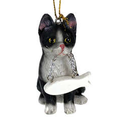 Item 407326 Black/White Cat With Fish Ornament