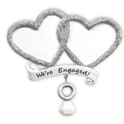 Item 459040 Silver Hearts With Banner and Ring We're Engaged Ornament