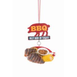 Item 484024 BBQ Best Ribs In Town Pig Sign With Plate of BBQ/Beans/Corn Ornament