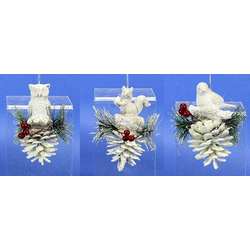 Item 501345 White Animal On Pine Cone With Pine Branch & Berries Ornament