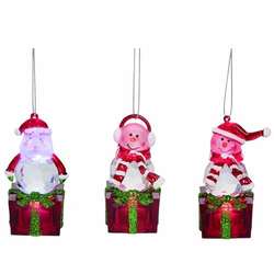 Item 501640 Light Up Santa/Snowman On Present Ornament