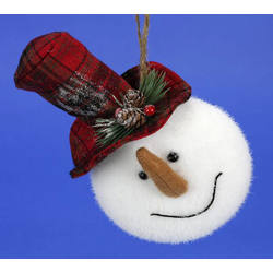 Item 505038 Fuzzy Snowman Head With Plaid Hat Ornament
