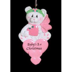 Item 525089 Pink Baby's First Christmas Bear With Hearts Ornament