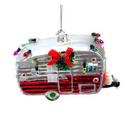 Item 820022 Red/White Camper Trailer With Wreath/Lights Ornament