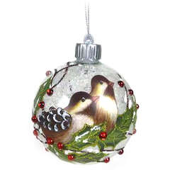 Item 820097 thumbnail Glass White Ball With Birds Ornament