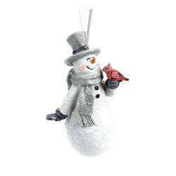 Item 835014 White Paper Pulp Look Snowman With Cardinal Ornament