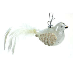 Item 844070 White With Bird With Feather Tail Ornament