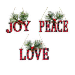 Item 850006 Joy/Peace/Love Word With Pine Branch Ornament